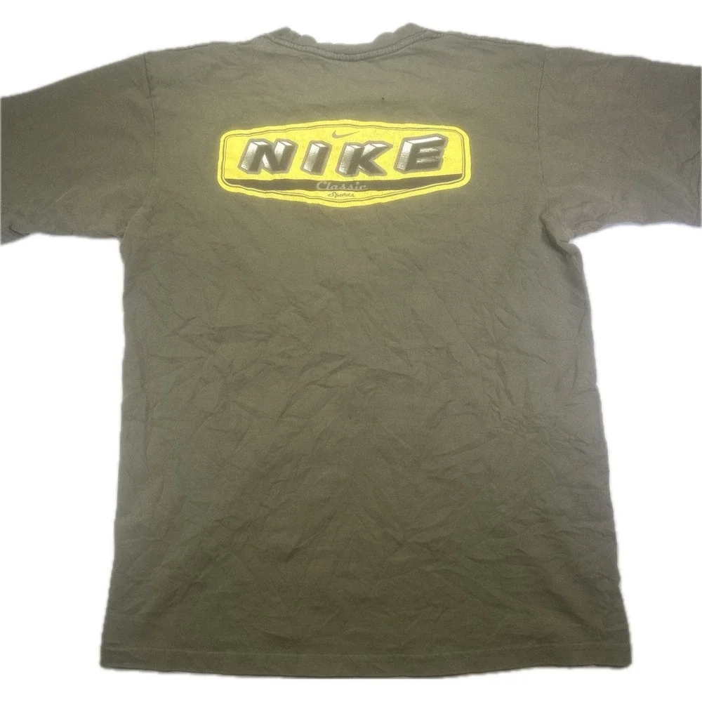 Vintage Nike Classic Sports Graphic T Shirt S Olive Green 90s Back Print USA